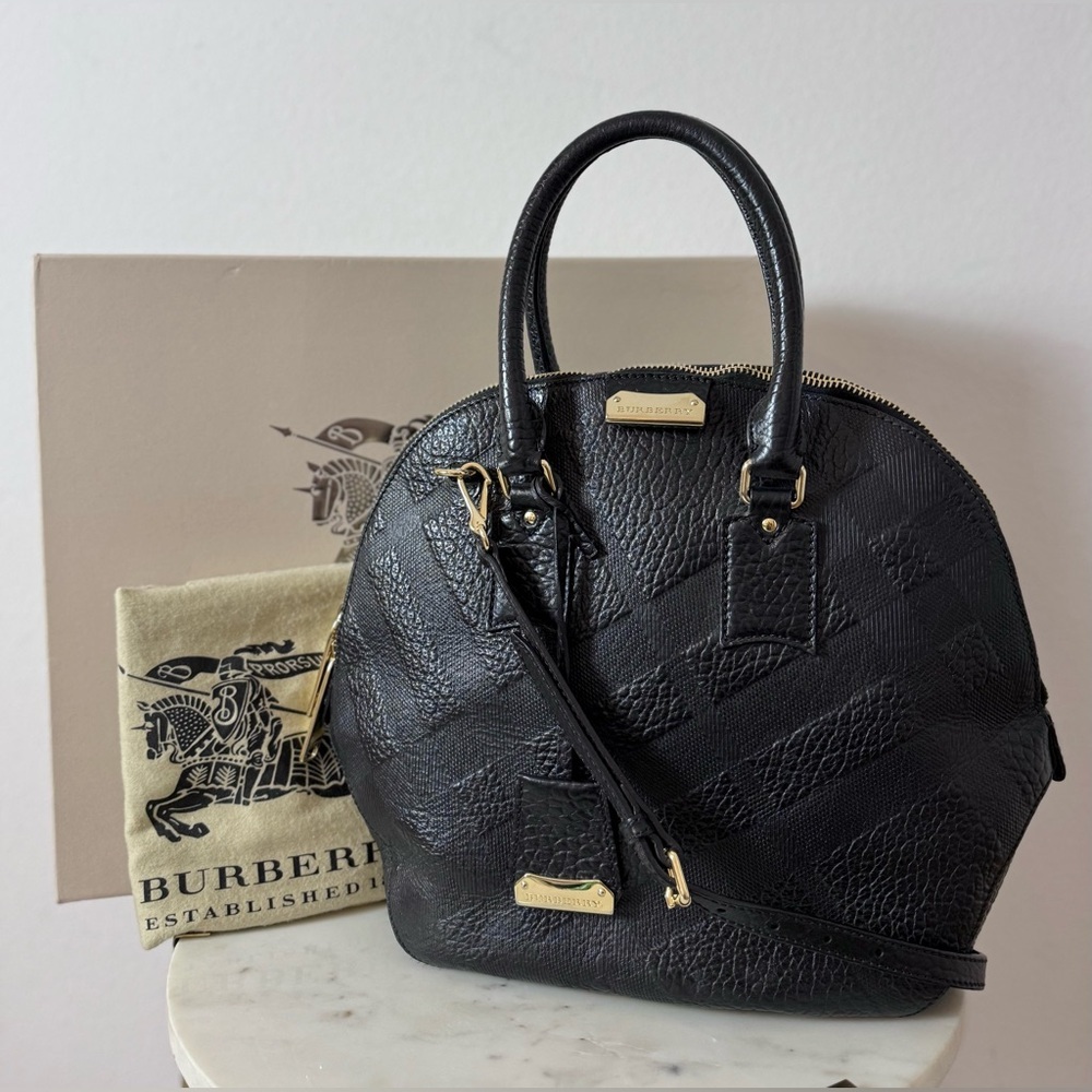 BURBERRY Orchard Check Black Leather Dome Bag w/ Dust Bag and Box